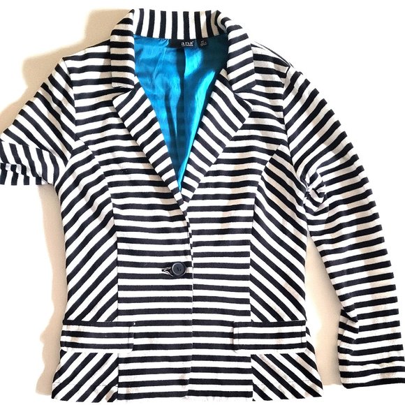 Pre-owned A.N.A Stripe White-Black Medium Tall Long Sleeve One Buttoned Blazer - Picture 3 of 10